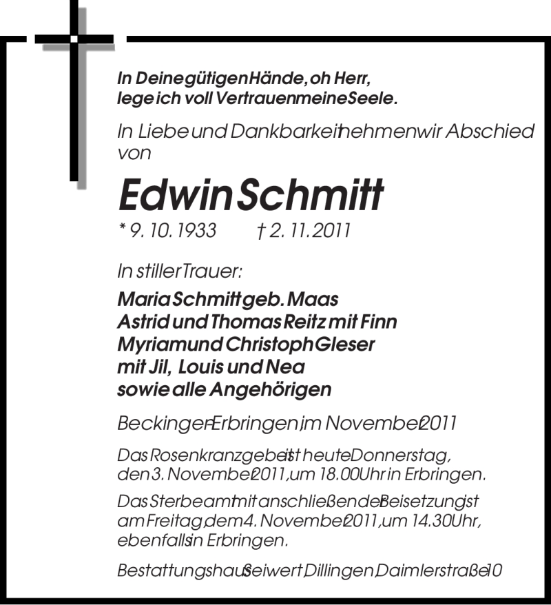  Traueranzeige für Edwin Schmitt vom 03.11.2011 aus SAARBRÜCKER ZEITUNG