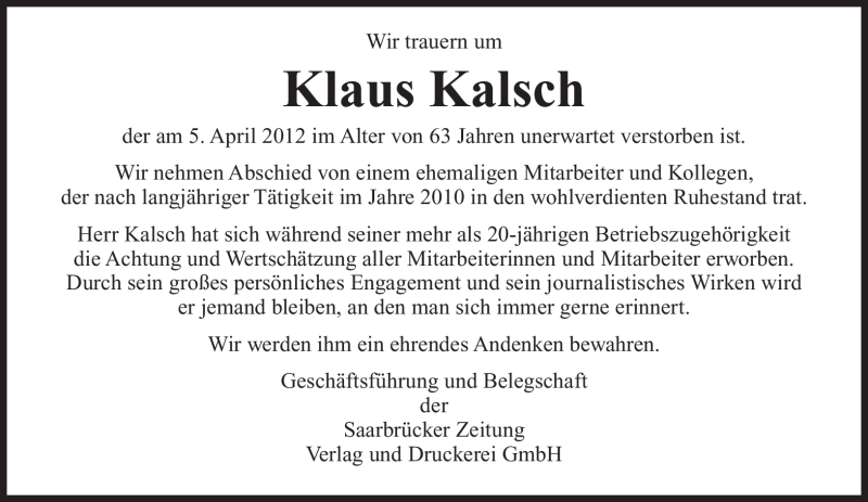  Traueranzeige für Klaus Kalsch vom 13.04.2012 aus SAARBRÜCKER ZEITUNG