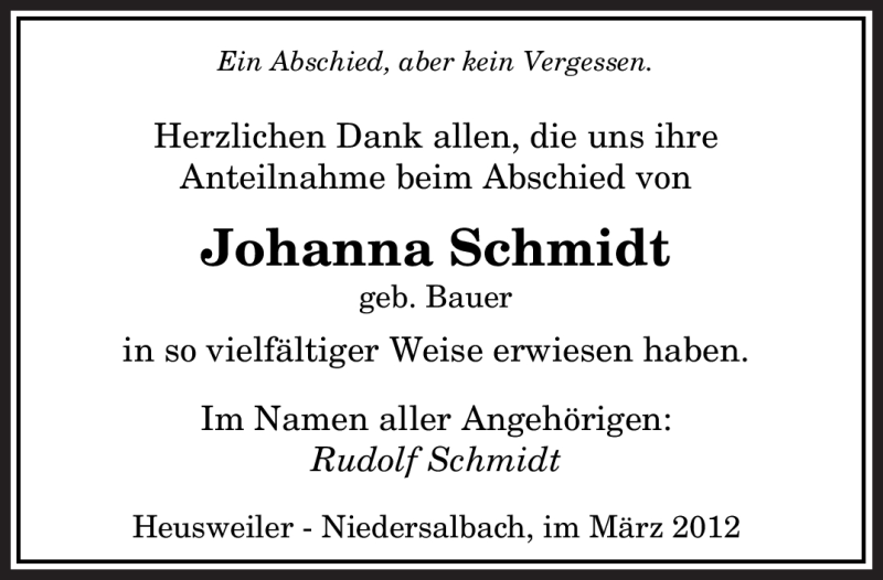  Traueranzeige für Johanna Schmidt vom 27.03.2012 aus SAARBRÜCKER ZEITUNG