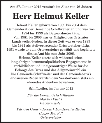 Traueranzeige von Helmut Keller von SAARBRÜCKER ZEITUNG
