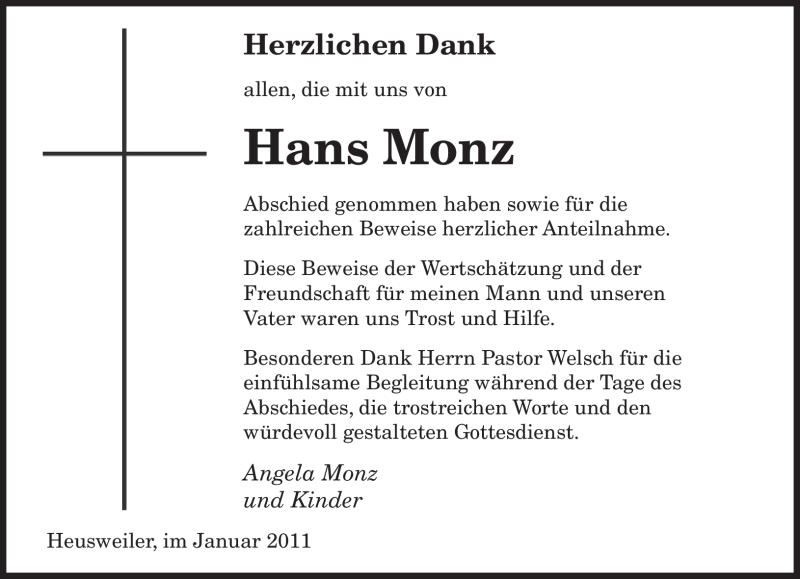  Traueranzeige für Hans Monz vom 15.01.2011 aus SAARBRÜCKER ZEITUNG
