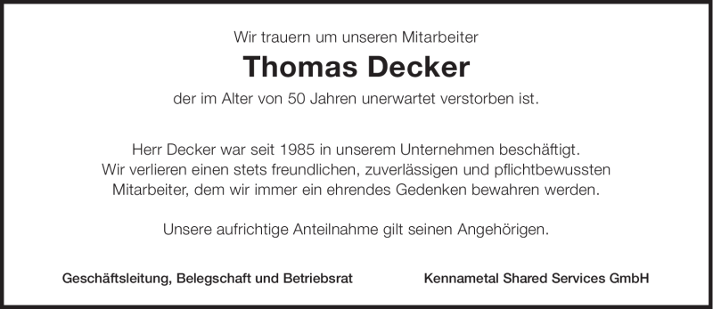  Traueranzeige für Thomas Decker vom 20.05.2011 aus SAARBRÜCKER ZEITUNG
