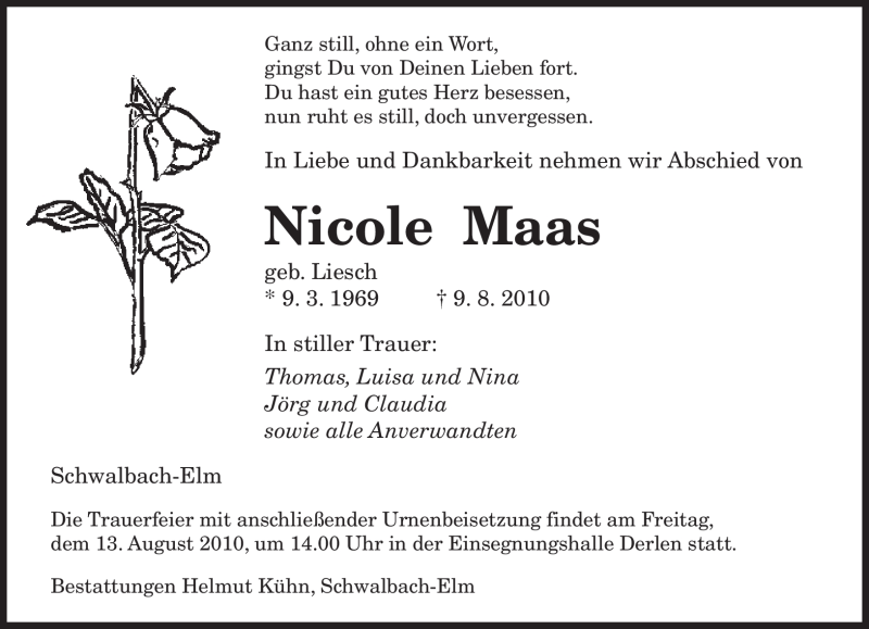  Traueranzeige für Nicole Maas vom 11.08.2010 aus SAARBRÜCKER ZEITUNG