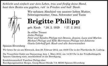 Traueranzeige von Brigitte Philipp von SAARBRÜCKER ZEITUNG