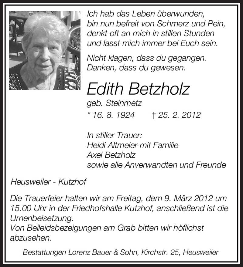  Traueranzeige für Edith Betzholz vom 03.03.2012 aus SAARBRÜCKER ZEITUNG