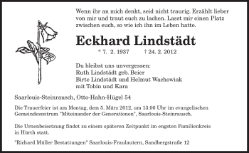 Traueranzeige von Eckhard Lindstädt von SAARBRÜCKER ZEITUNG