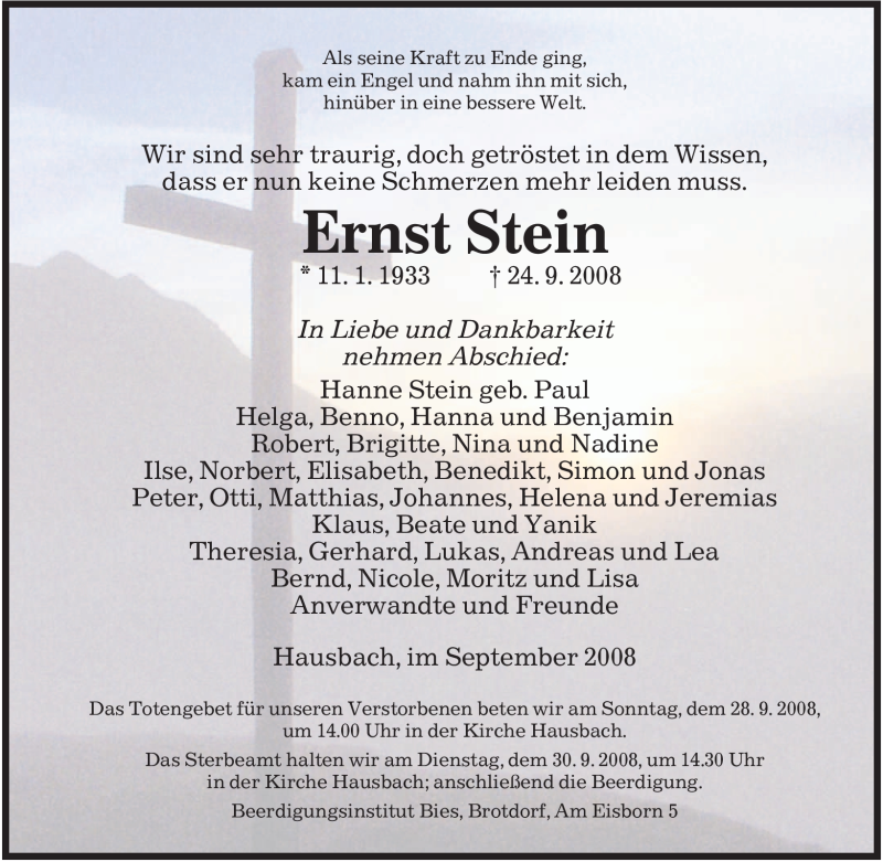  Traueranzeige für Ernst Stein vom 27.09.2008 aus SAARBRÜCKER ZEITUNG