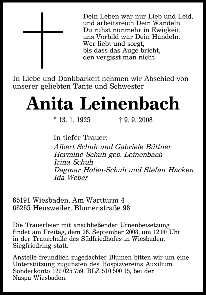  Traueranzeige für Anita Leinenbach vom 20.09.2008 aus SAARBRÜCKER ZEITUNG