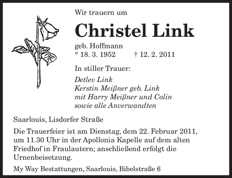  Traueranzeige für Christel Link vom 18.02.2011 aus SAARBRÜCKER ZEITUNG