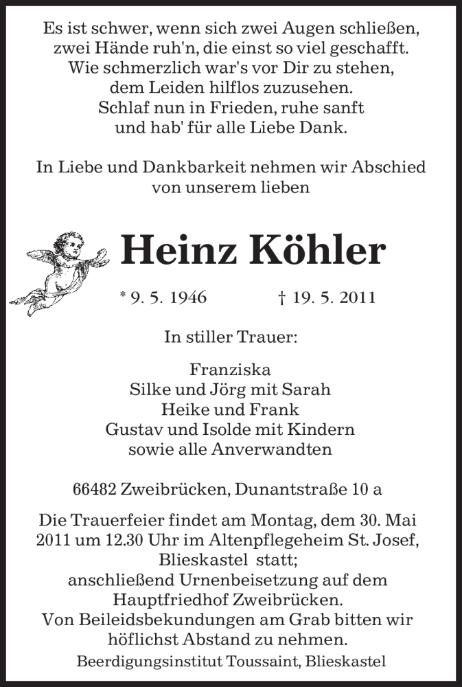  Traueranzeige für Heinz Köhler vom 21.05.2011 aus SAARBRÜCKER ZEITUNG