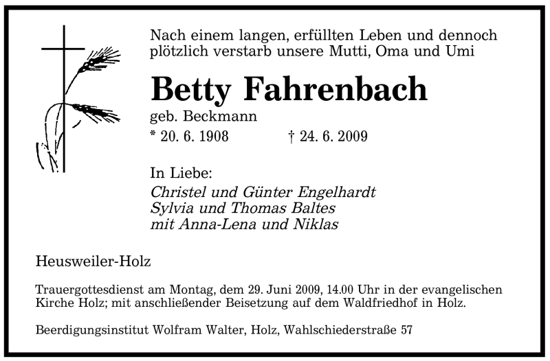  Traueranzeige für Betty Fahrenbach vom 26.06.2009 aus SAARBRÜCKER ZEITUNG