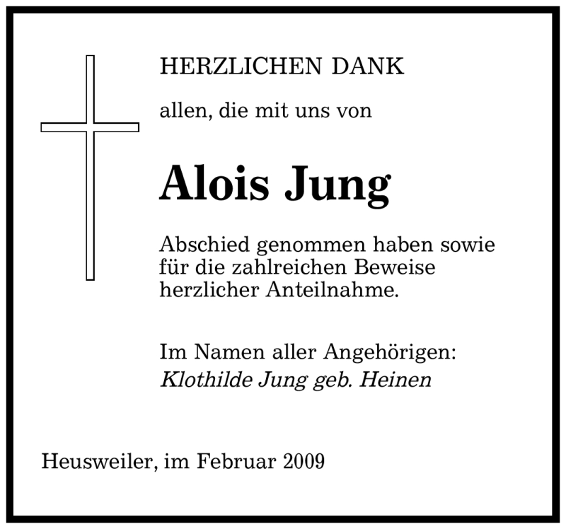  Traueranzeige für Alois Jung vom 12.02.2009 aus SAARBRÜCKER ZEITUNG