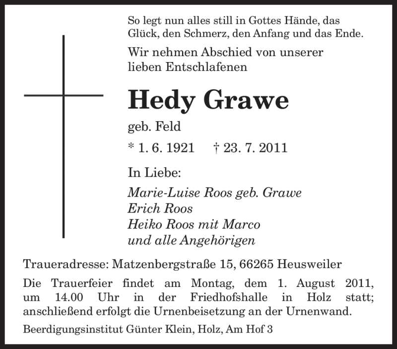  Traueranzeige für Hedy Grawe vom 30.07.2011 aus SAARBRÜCKER ZEITUNG