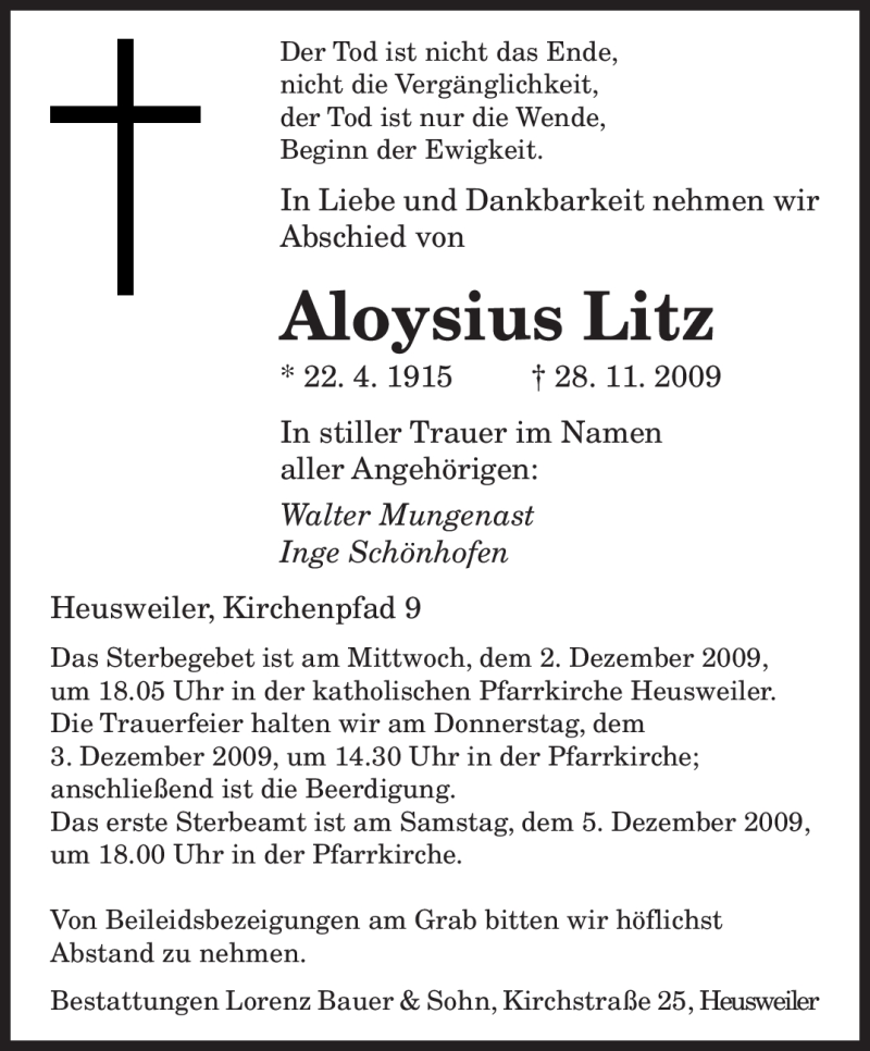  Traueranzeige für Aloysius Litz vom 01.12.2009 aus SAARBRÜCKER ZEITUNG