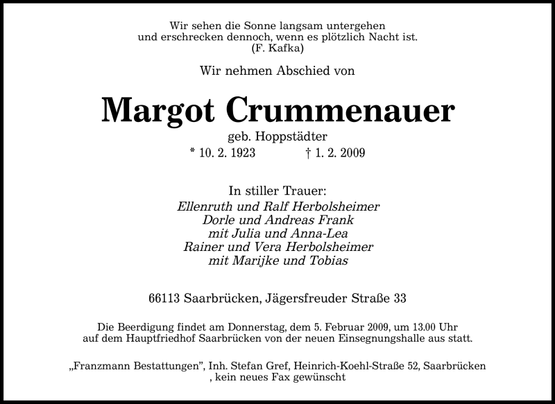  Traueranzeige für Margot Crummenauer vom 03.02.2009 aus SAARBRÜCKER ZEITUNG