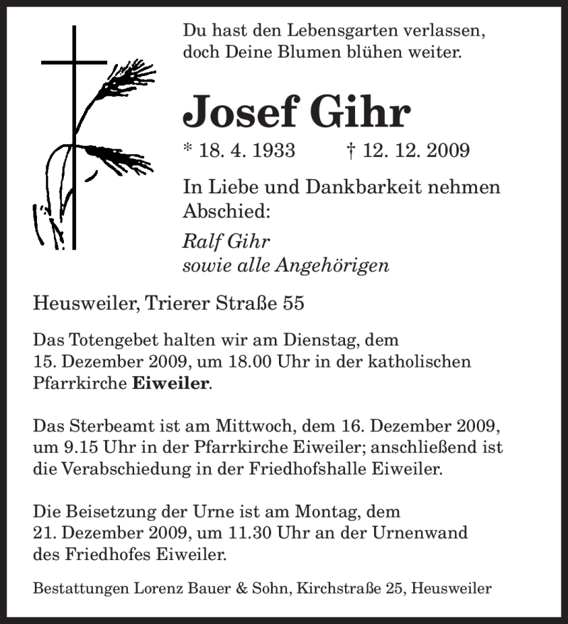  Traueranzeige für Josef Gihr vom 14.12.2009 aus SAARBRÜCKER ZEITUNG