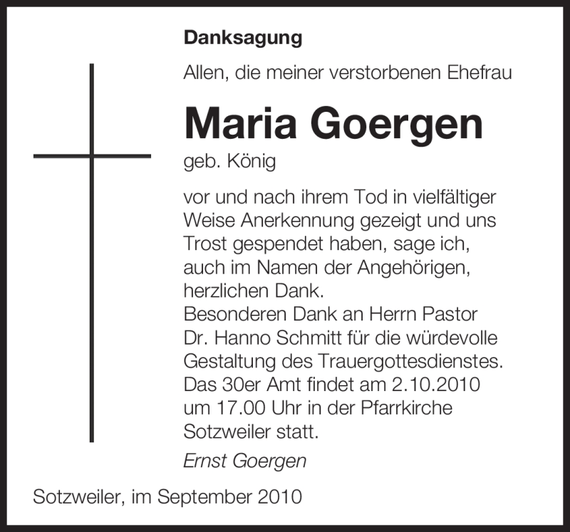  Traueranzeige für Maria Goergen vom 08.09.2010 aus SAARBRÜCKER ZEITUNG