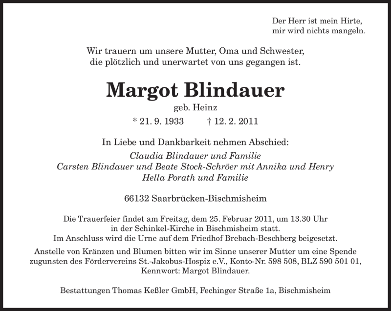  Traueranzeige für Margot Blindauer vom 18.02.2011 aus SAARBRÜCKER ZEITUNG
