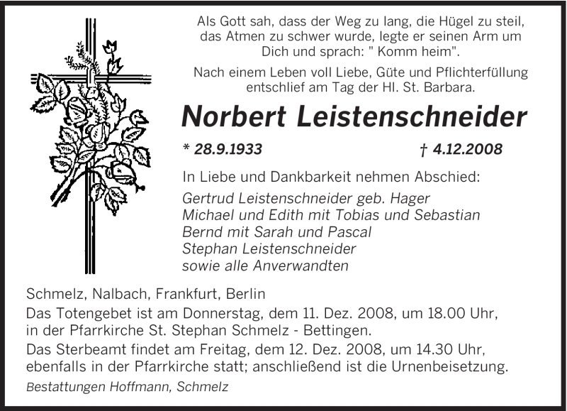  Traueranzeige für Norbert Leistenschneider vom 10.12.2008 aus SAARBRÜCKER ZEITUNG