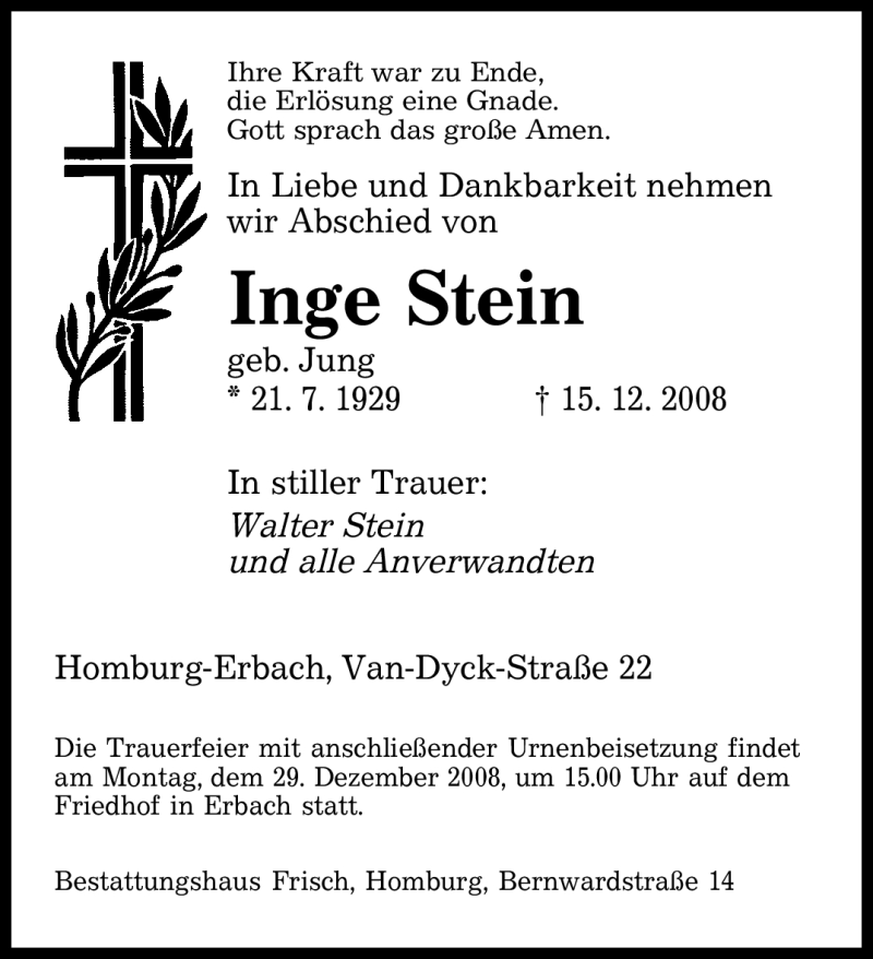  Traueranzeige für Inge Stein vom 27.12.2008 aus SAARBRÜCKER ZEITUNG