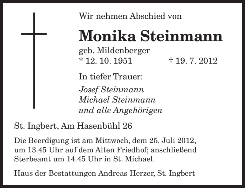  Traueranzeige für Monika Steinmann vom 23.07.2012 aus SAARBRÜCKER ZEITUNG