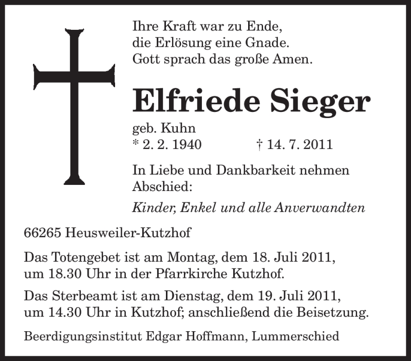  Traueranzeige für Elfriede Sieger vom 16.07.2011 aus SAARBRÜCKER ZEITUNG