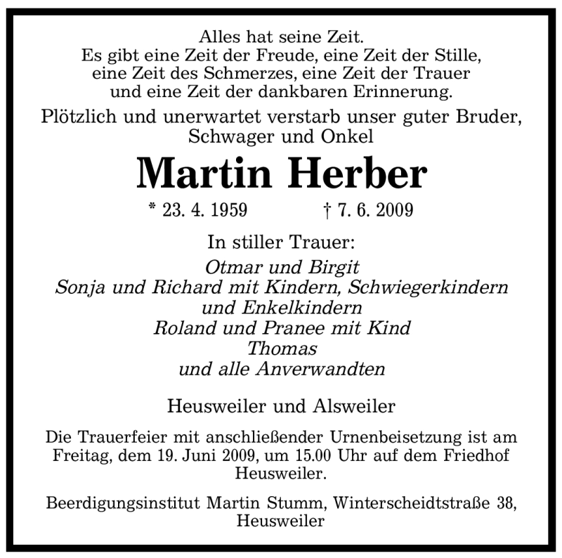  Traueranzeige für Martin Herber vom 16.06.2009 aus SAARBRÜCKER ZEITUNG