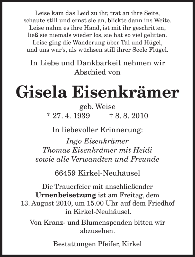  Traueranzeige für Gisela Eisenkrämer vom 11.08.2010 aus SAARBRÜCKER ZEITUNG