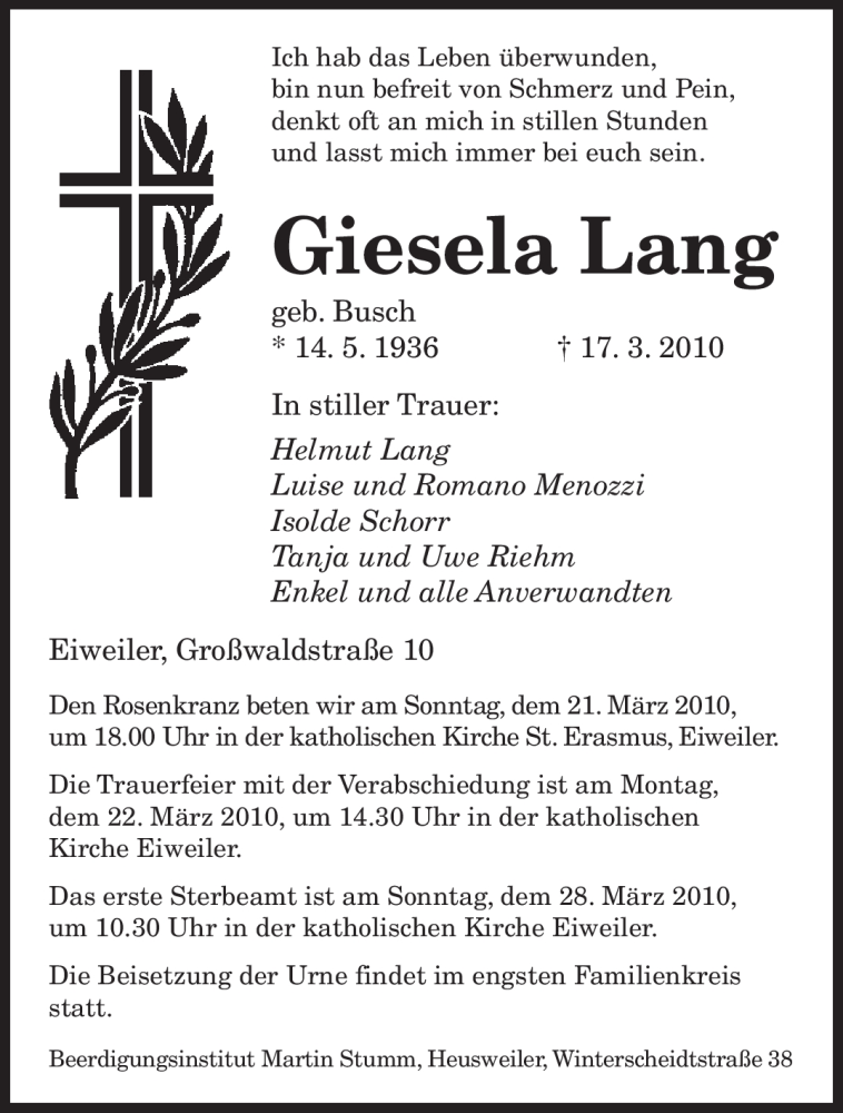  Traueranzeige für Giesela Lang vom 20.03.2010 aus SAARBRÜCKER ZEITUNG