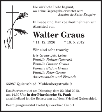 Traueranzeige von Walter Graus von SAARBRÜCKER ZEITUNG