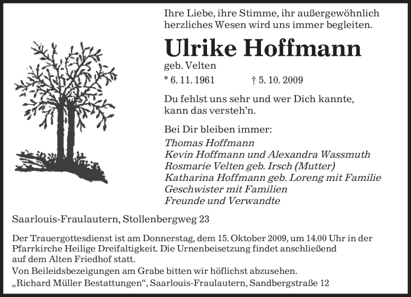  Traueranzeige für Ulrike Hoffmann vom 13.10.2009 aus SAARBRÜCKER ZEITUNG
