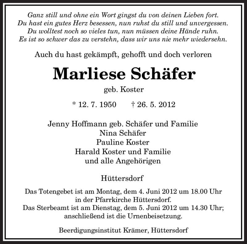 Traueranzeige für Marliese Schäfer vom 02.06.2012 aus SAARBRÜCKER ZEITUNG