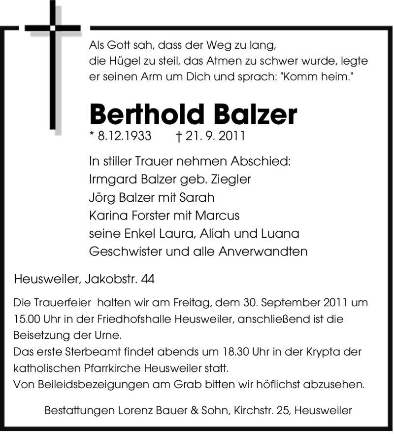  Traueranzeige für Berthold Balzer vom 24.09.2011 aus SAARBRÜCKER ZEITUNG