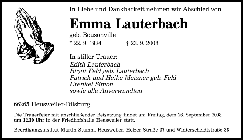  Traueranzeige für Emma Lauterbach vom 25.09.2008 aus SAARBRÜCKER ZEITUNG