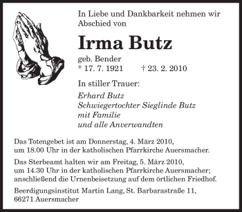 Traueranzeige von Irma Butz von SAARBRÜCKER ZEITUNG