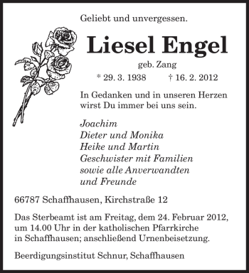 Traueranzeige von Liesel Engel von SAARBRÜCKER ZEITUNG