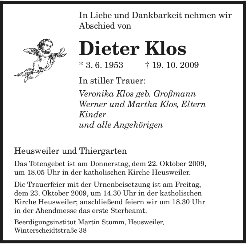  Traueranzeige für Dieter Klos vom 21.10.2009 aus 