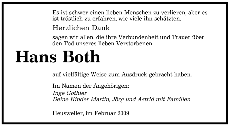  Traueranzeige für Hans Both vom 21.02.2009 aus SAARBRÜCKER ZEITUNG