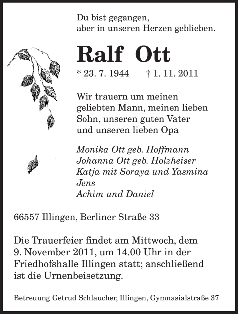  Traueranzeige für Ralf Ott vom 05.11.2011 aus SAARBRÜCKER ZEITUNG