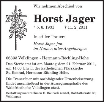 Traueranzeige von Horst Jager von SAARBRÜCKER ZEITUNG