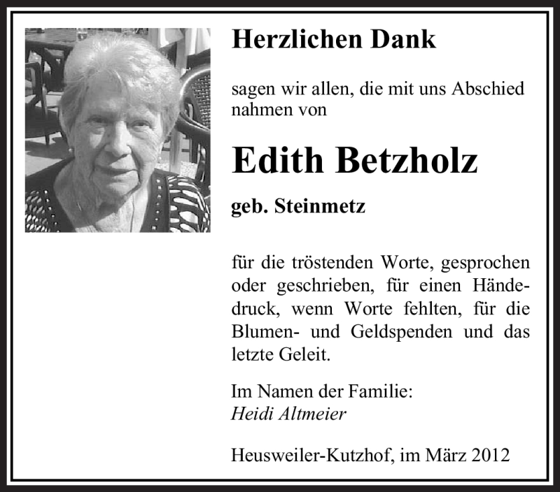  Traueranzeige für Edith Betzholz vom 17.03.2012 aus SAARBRÜCKER ZEITUNG