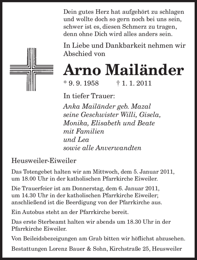  Traueranzeige für Arno Mailänder vom 04.01.2011 aus SAARBRÜCKER ZEITUNG