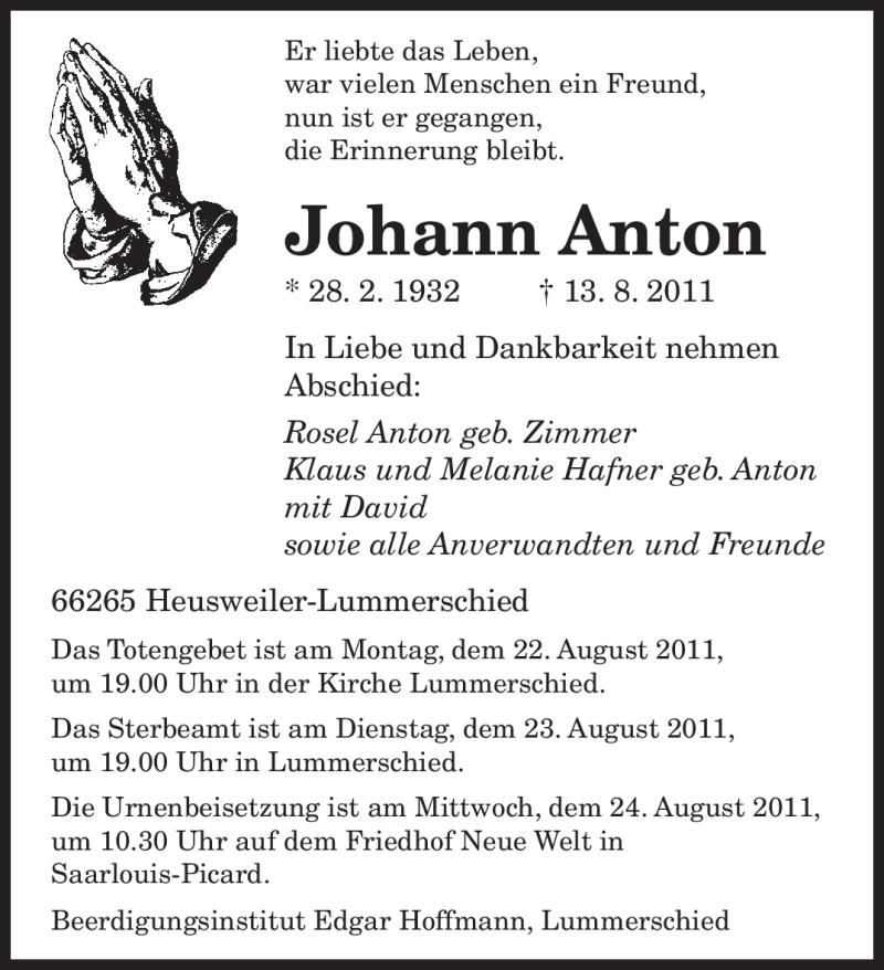  Traueranzeige für Johann Anton vom 20.08.2011 aus SAARBRÜCKER ZEITUNG