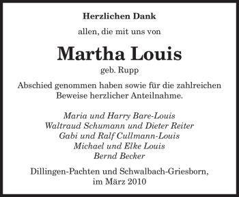 Traueranzeige von Martha Louis von SAARBRÜCKER ZEITUNG