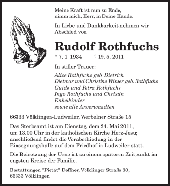 Traueranzeige von Rudolf Rothfuchs von SAARBRÜCKER ZEITUNG