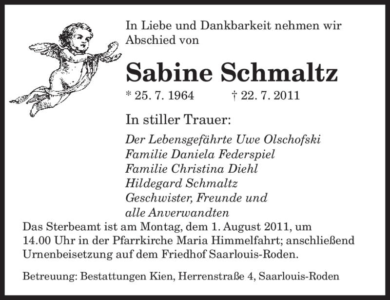  Traueranzeige für Sabine Schmaltz vom 30.07.2011 aus SAARBRÜCKER ZEITUNG