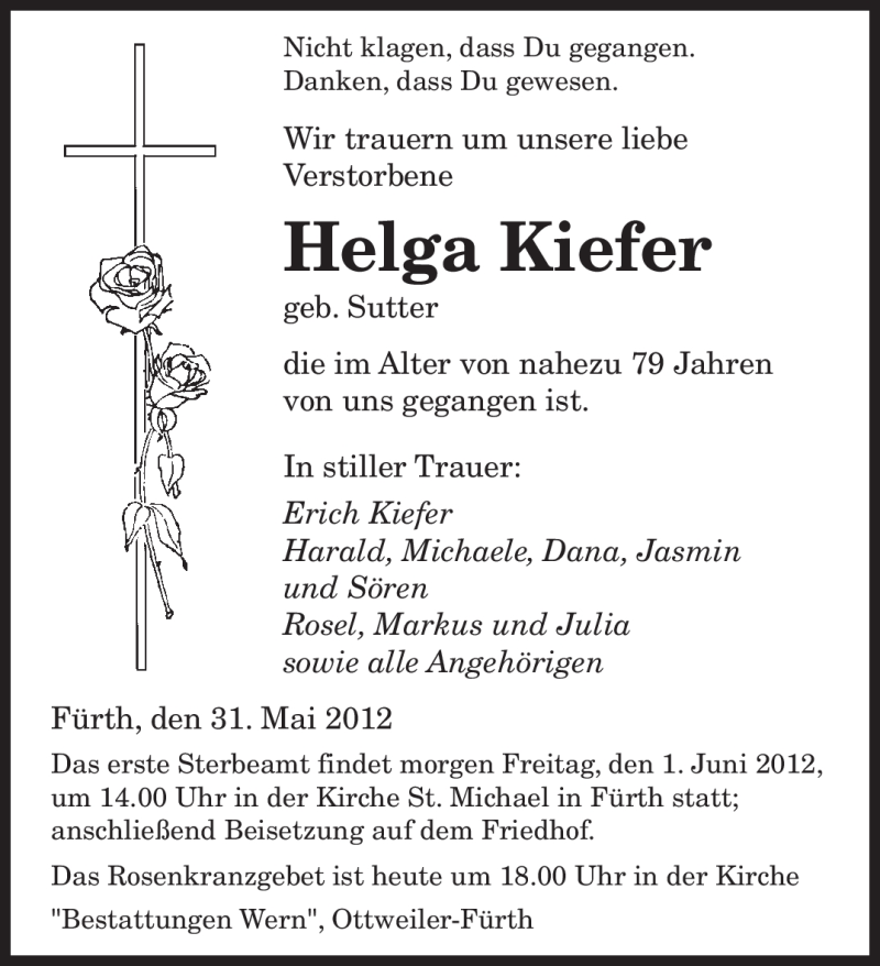  Traueranzeige für Helga Kiefer vom 31.05.2012 aus SAARBRÜCKER ZEITUNG
