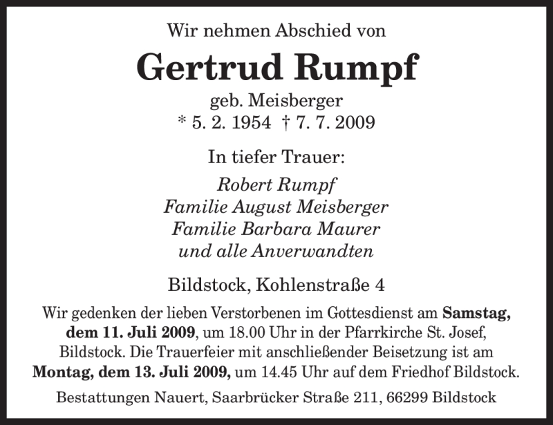  Traueranzeige für Gertrud Rumpf vom 09.07.2009 aus SAARBRÜCKER ZEITUNG
