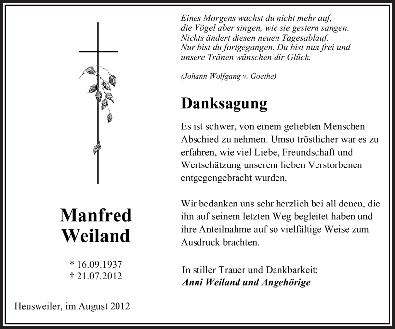  Traueranzeige für Manfred Weiland vom 04.08.2012 aus SAARBRÜCKER ZEITUNG