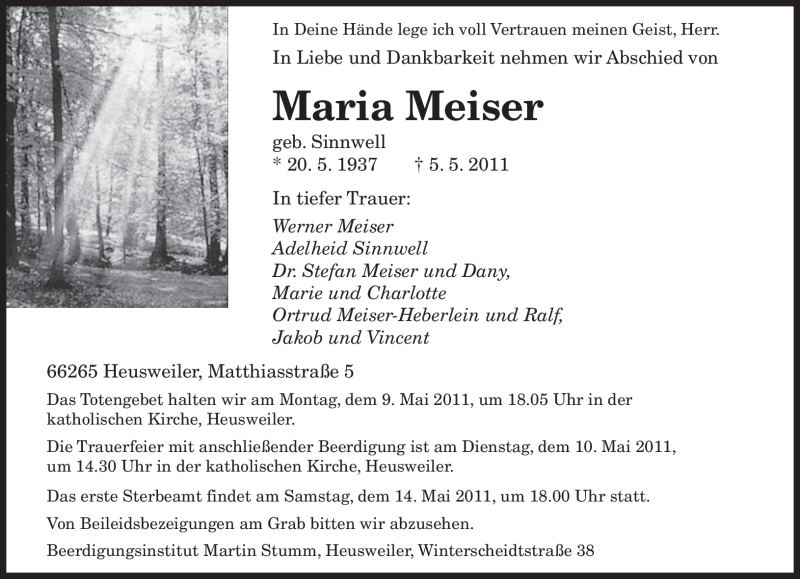  Traueranzeige für Maria Meiser vom 07.05.2011 aus SAARBRÜCKER ZEITUNG